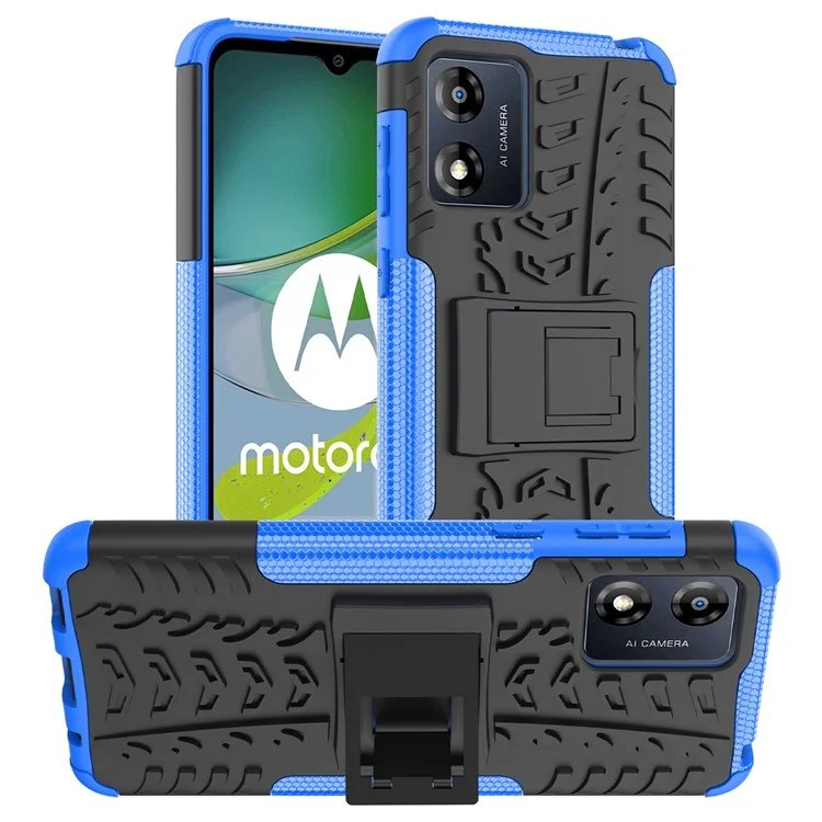 Para Motorola Moto E13 4G Tyre Pattern PC+TPU Phone Case Kickstand Phone Cover - Azul