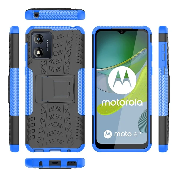Para Motorola Moto E13 4G Tyre Pattern PC+TPU Phone Case Kickstand Phone Cover - Azul