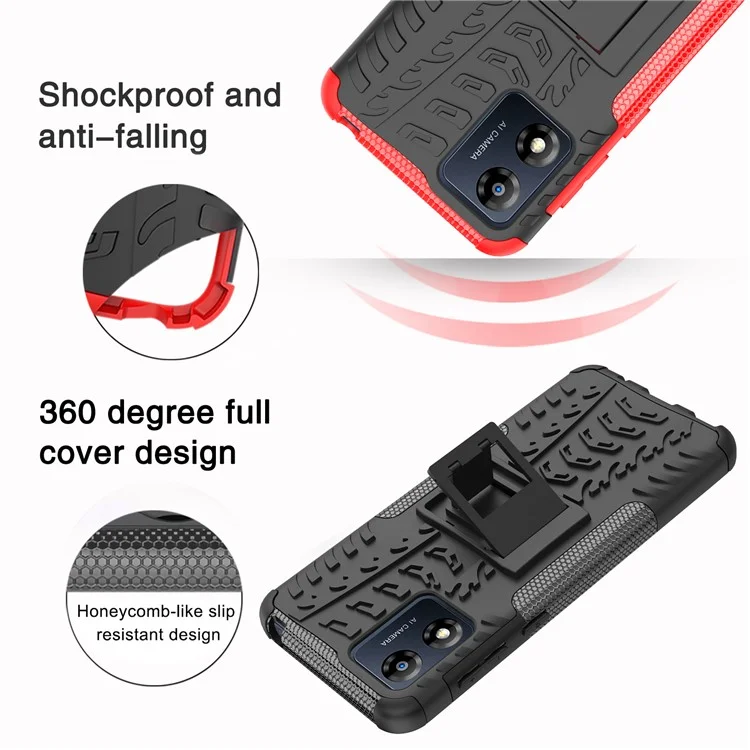 Para Motorola Moto E13 4G Tyre Pattern PC+TPU Phone Case Kickstand Phone Cover - Azul