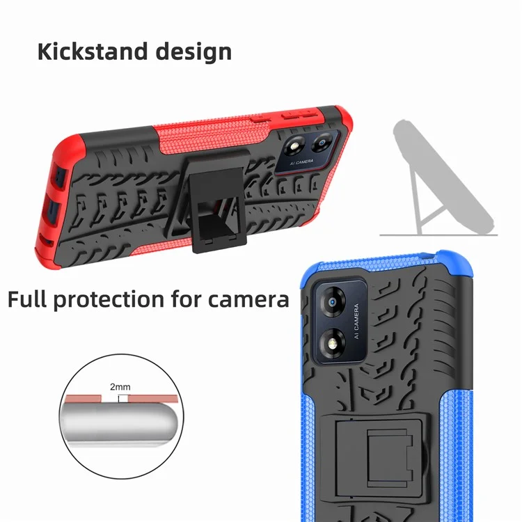 Para Motorola Moto E13 4G Tyre Pattern PC+TPU Phone Case Kickstand Phone Cover - Azul