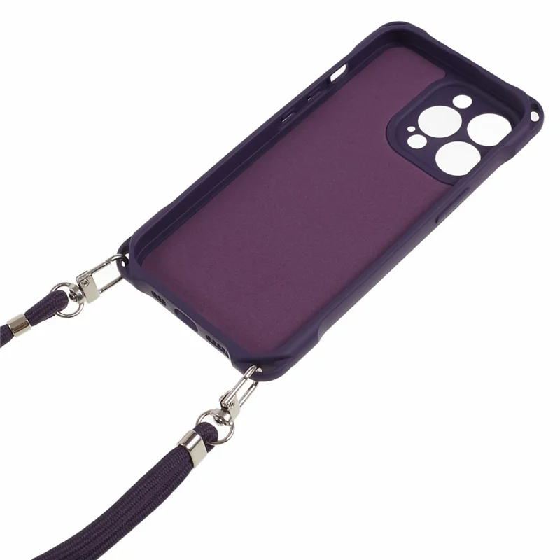 For iPhone 14 Pro Phone Cover Shell Four Corner Thickened Shockproof TPU Phone Case with 150cm Hanging Rope - Dark Purple