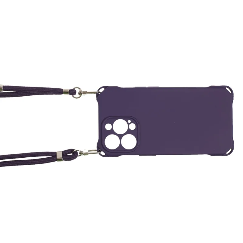 For iPhone 14 Pro Phone Cover Shell Four Corner Thickened Shockproof TPU Phone Case with 150cm Hanging Rope - Dark Purple