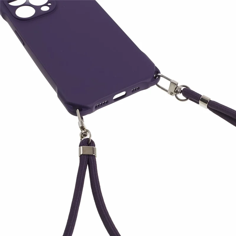 For iPhone 14 Pro Phone Cover Shell Four Corner Thickened Shockproof TPU Phone Case with 150cm Hanging Rope - Dark Purple