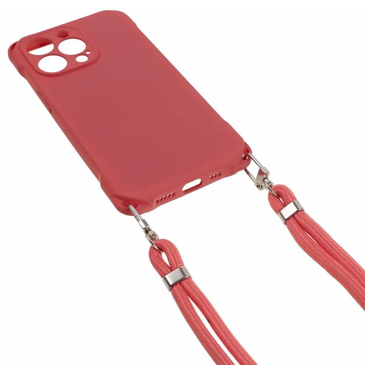 For iPhone 14 Pro Phone Cover Shell Four Corner Thickened Shockproof TPU Phone Case with Hanging Rope - Red
