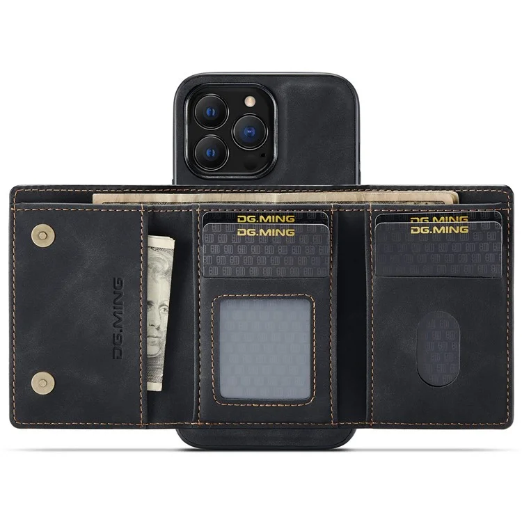 DG.MING M1 Series Per iPhone 15 Pro Custodia Portafoglio Magnetica Telefonica PC+TPU+PU Antiurto Con Supporto - Nero