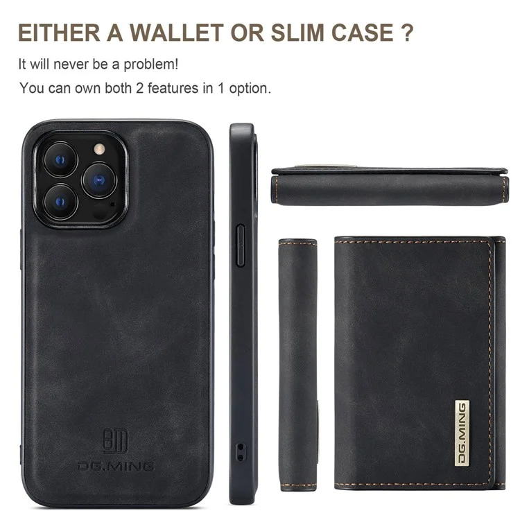 DG.MING M1 Series Per iPhone 15 Pro Custodia Portafoglio Magnetica Telefonica PC+TPU+PU Antiurto Con Supporto - Nero
