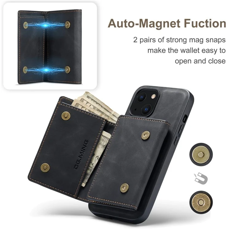 DG.MING M1 Series Anti-Drop Kickstand Case für iPhone 15 PC+TPU+PU Magnetische Wallet Phone Shell - Schwarz