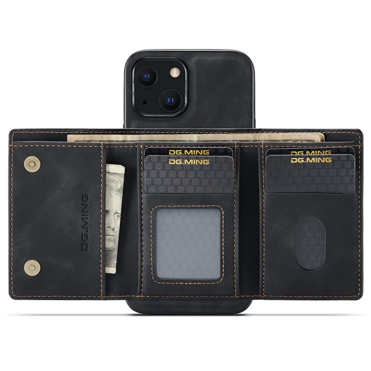 DG.MING M1 Series Anti-Drop Kickstand Case für iPhone 15 PC+TPU+PU Magnetische Wallet Phone Shell - Schwarz