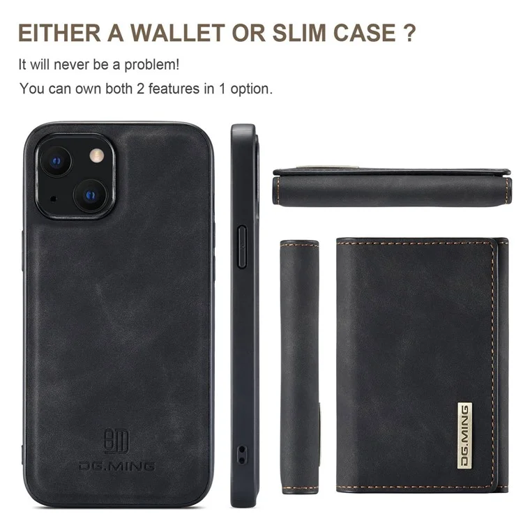 DG.MING M1 Series Anti-Drop Kickstand Case für iPhone 15 PC+TPU+PU Magnetische Wallet Phone Shell - Schwarz