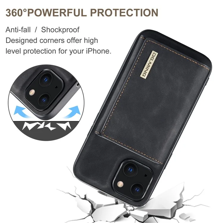 DG.MING M1 Series Anti-Drop Kickstand Case für iPhone 15 PC+TPU+PU Magnetische Wallet Phone Shell - Schwarz