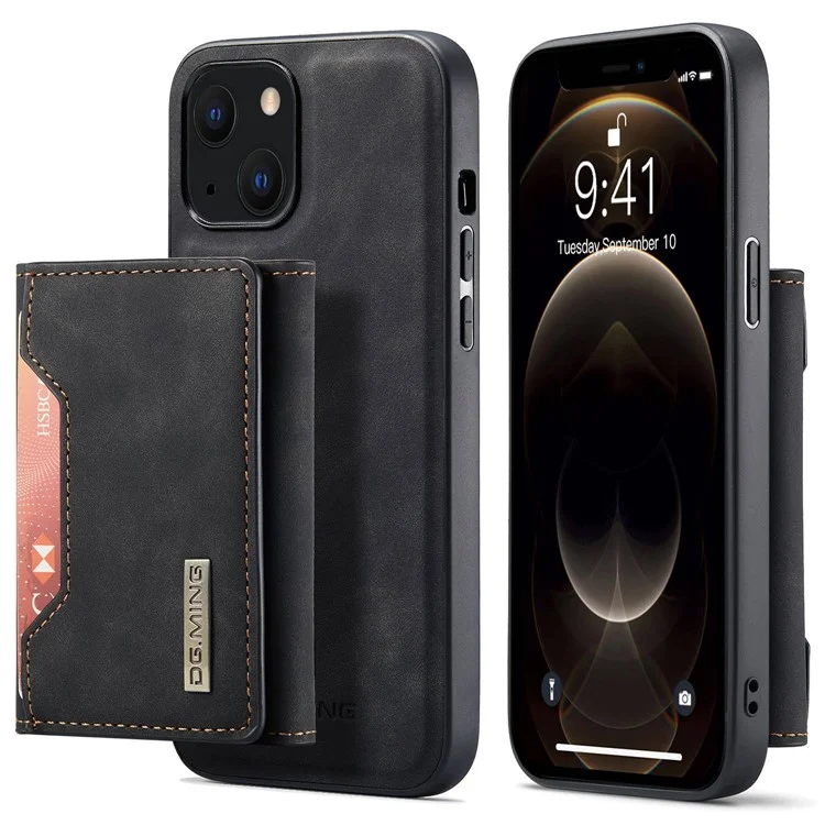 DG.MING M2 Series for iPhone 15 Magnetic Wallet Phone Case PU+PC+TPU Kickstand Phone Cover - Black