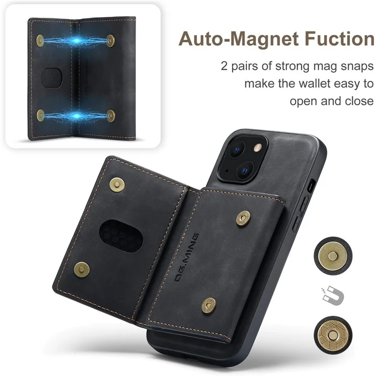 DG.MING M2 Series for iPhone 15 Magnetic Wallet Phone Case PU+PC+TPU Kickstand Phone Cover - Black