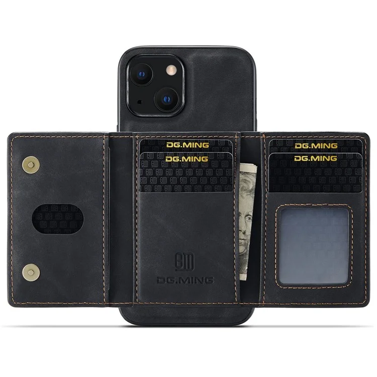 DG.MING M2 Series for iPhone 15 Magnetic Wallet Phone Case PU+PC+TPU Kickstand Phone Cover - Black