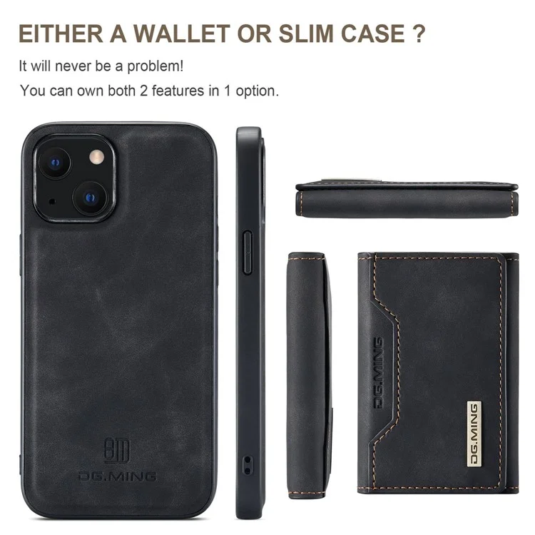 DG.MING M2 Series for iPhone 15 Magnetic Wallet Phone Case PU+PC+TPU Kickstand Phone Cover - Black