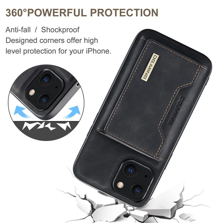DG.MING M2 Series for iPhone 15 Magnetic Wallet Phone Case PU+PC+TPU Kickstand Phone Cover - Black