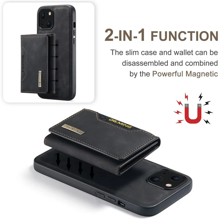 DG.MING M2 Series for iPhone 15 Magnetic Wallet Phone Case PU+PC+TPU Kickstand Phone Cover - Black