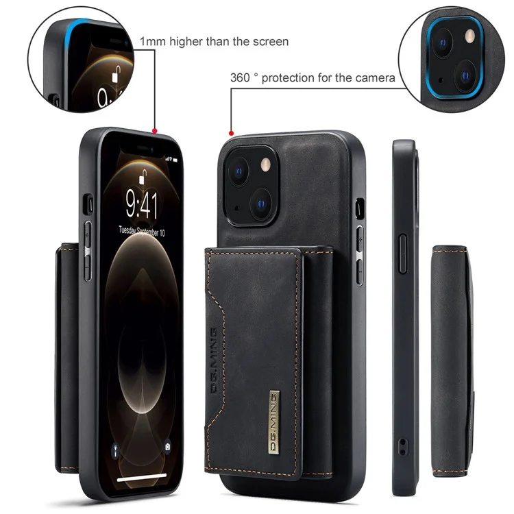 DG.MING M2 Series for iPhone 15 Magnetic Wallet Phone Case PU+PC+TPU Kickstand Phone Cover - Black