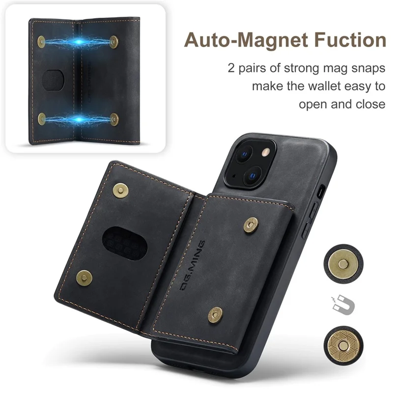 DG.MING M2 Series para iPhone 15 Plus Kickstand Phone Case PU+PC+TPU Capa de Carteira Magnética - Preto