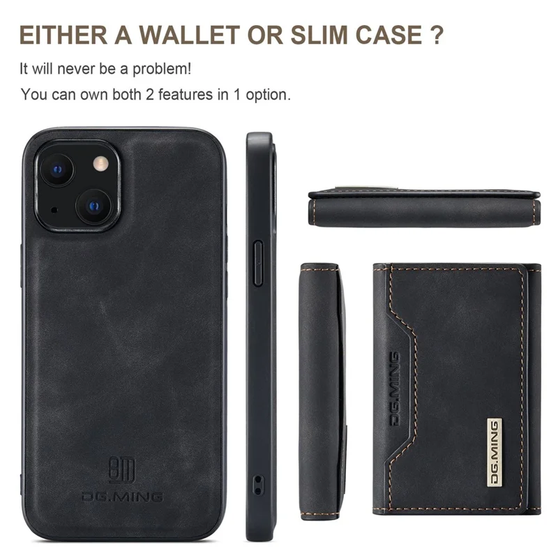 DG.MING M2 Series para iPhone 15 Plus Kickstand Phone Case PU+PC+TPU Capa de Carteira Magnética - Preto