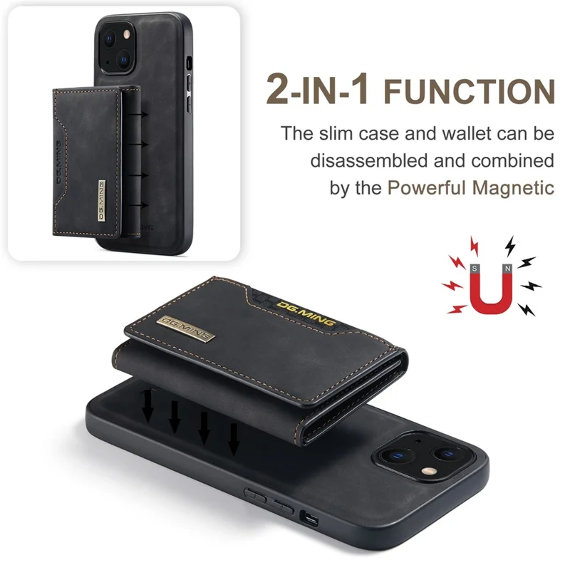 DG.MING M2 Series para iPhone 15 Plus Kickstand Phone Case PU+PC+TPU Capa de Carteira Magnética - Preto