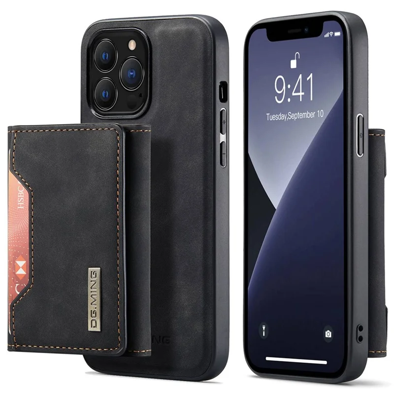 DG.MING M2 Series para iPhone 15 Pro Anti-Drop Kickstand Case PU+PC+TPU Magnetic Wallet Phone Cover - Preto