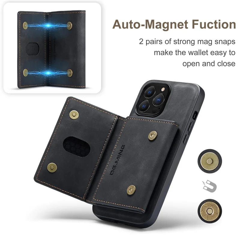 DG.MING M2 Series para iPhone 15 Pro Anti-Drop Kickstand Case PU+PC+TPU Magnetic Wallet Phone Cover - Preto