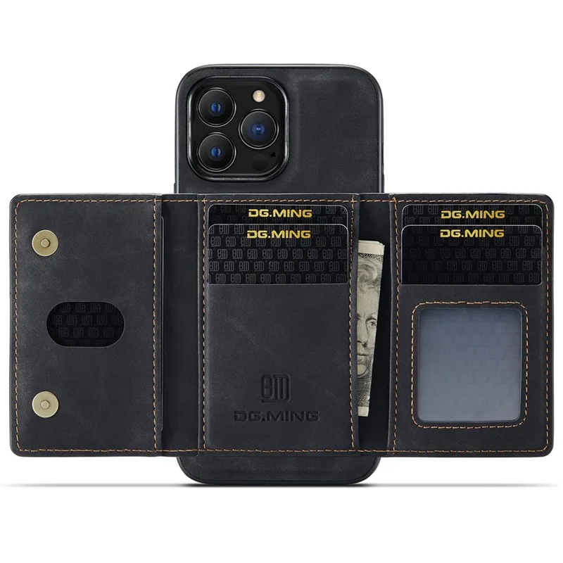 DG.MING M2 Series para iPhone 15 Pro Anti-Drop Kickstand Case PU+PC+TPU Magnetic Wallet Phone Cover - Preto