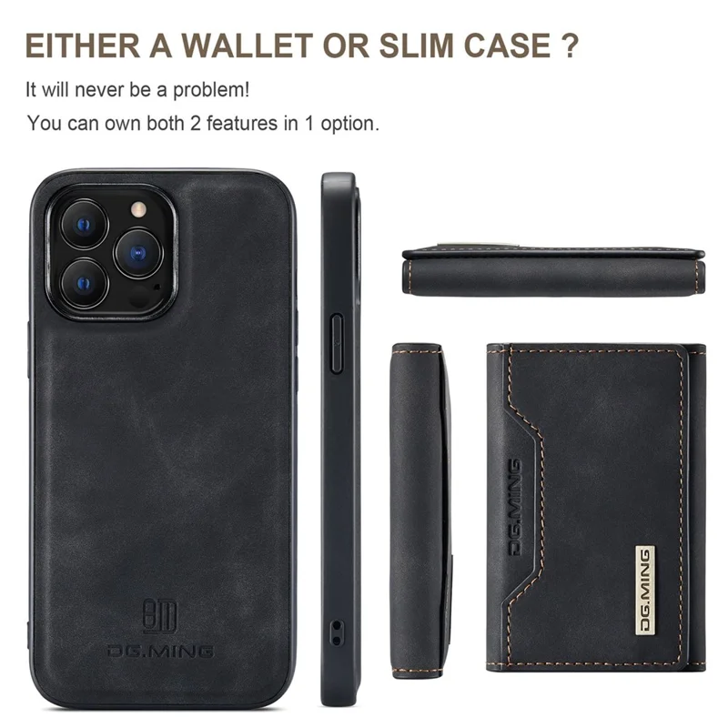DG.MING M2 Series para iPhone 15 Pro Anti-Drop Kickstand Case PU+PC+TPU Magnetic Wallet Phone Cover - Preto