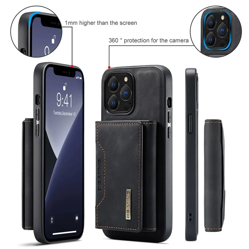 DG.MING M2 Series para iPhone 15 Pro Anti-Drop Kickstand Case PU+PC+TPU Magnetic Wallet Phone Cover - Preto