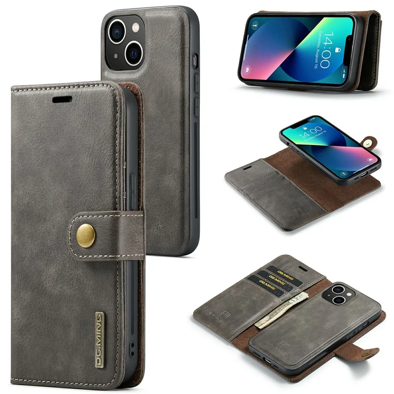 DG.MING For iPhone 15 Anti-Scratch Split Leather Wallet Stand Cover Detachable Magnetic Phone Case Shell - Grey