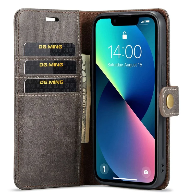 DG.MING For iPhone 15 Anti-Scratch Split Leather Wallet Stand Cover Detachable Magnetic Phone Case Shell - Grey