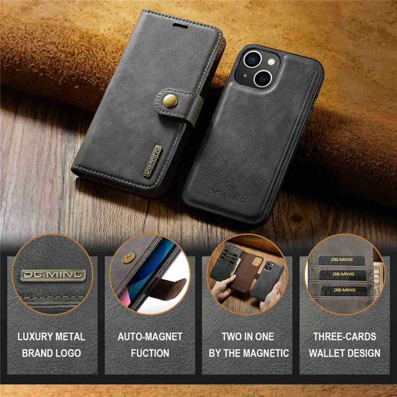 DG.MING For iPhone 15 Anti-Scratch Split Leather Wallet Stand Cover Detachable Magnetic Phone Case Shell - Grey