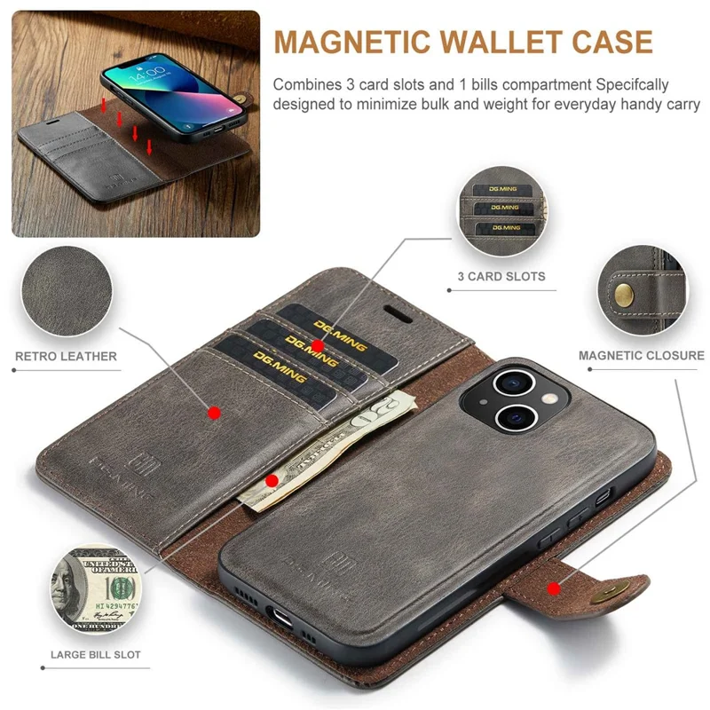 DG.MING For iPhone 15 Anti-Scratch Split Leather Wallet Stand Cover Detachable Magnetic Phone Case Shell - Grey