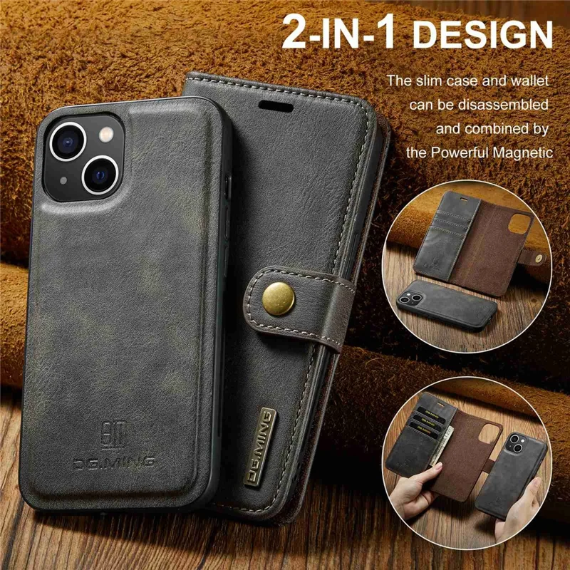 DG.MING For iPhone 15 Anti-Scratch Split Leather Wallet Stand Cover Detachable Magnetic Phone Case Shell - Grey