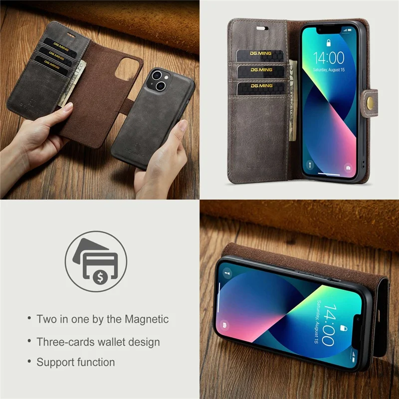 DG.MING For iPhone 15 Anti-Scratch Split Leather Wallet Stand Cover Detachable Magnetic Phone Case Shell - Grey