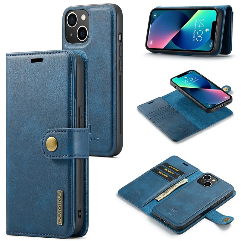 DG.MING For iPhone 15 Anti-Scratch Split Leather Wallet Stand Cover Detachable Magnetic Phone Case Shell - Blue