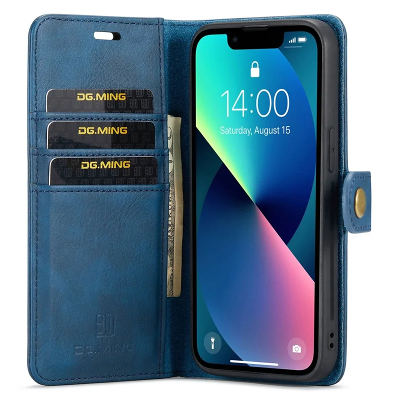 DG.MING For iPhone 15 Anti-Scratch Split Leather Wallet Stand Cover Detachable Magnetic Phone Case Shell - Blue
