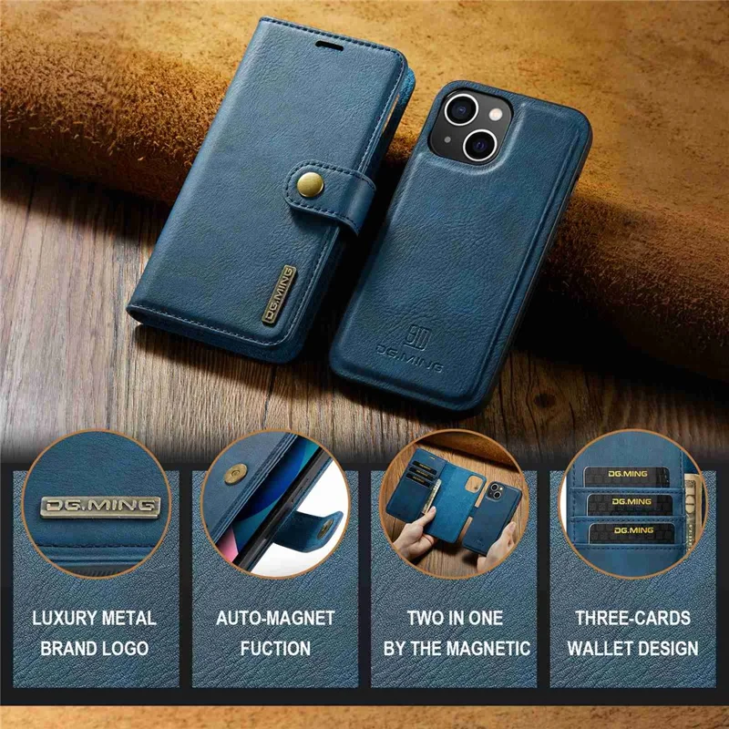 DG.MING For iPhone 15 Anti-Scratch Split Leather Wallet Stand Cover Detachable Magnetic Phone Case Shell - Blue