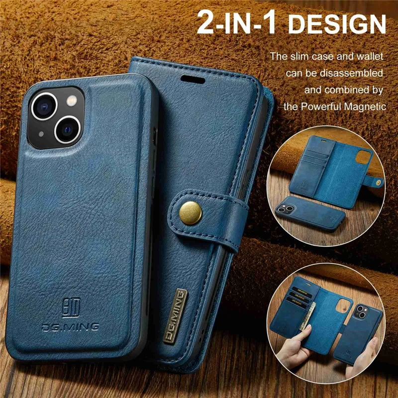 DG.MING For iPhone 15 Anti-Scratch Split Leather Wallet Stand Cover Detachable Magnetic Phone Case Shell - Blue