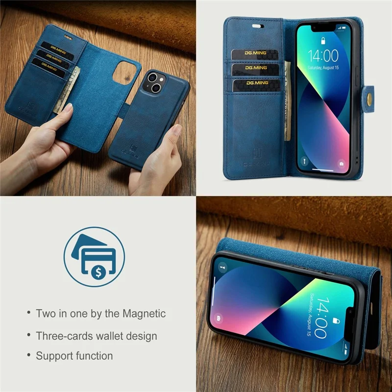 DG.MING For iPhone 15 Anti-Scratch Split Leather Wallet Stand Cover Detachable Magnetic Phone Case Shell - Blue