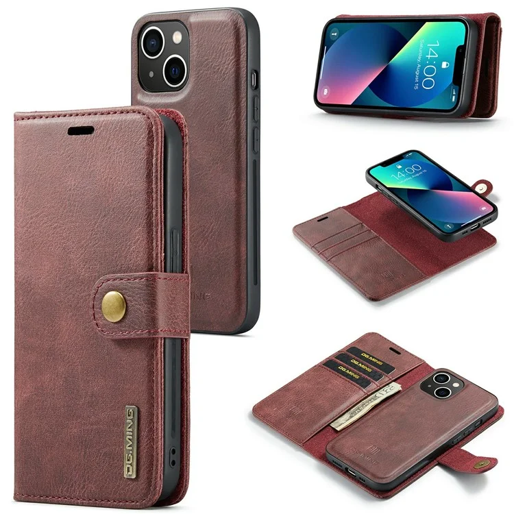 DG.MING for iPhone 15 Plus Detachable Magnetic Phone Case Anti-Dorp Split Leather Wallet Stand Case - Red