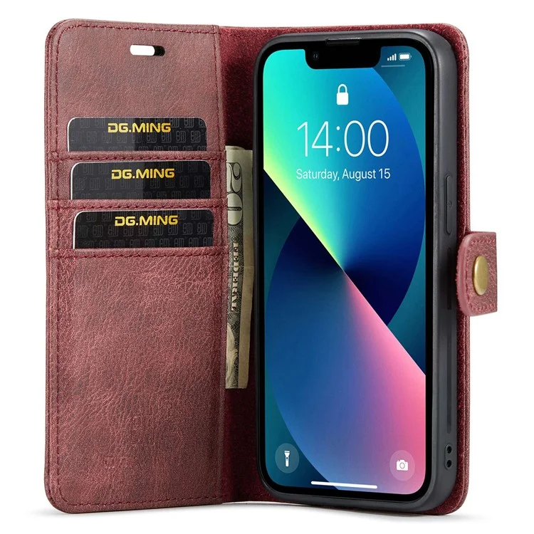 DG.MING for iPhone 15 Plus Detachable Magnetic Phone Case Anti-Dorp Split Leather Wallet Stand Case - Red