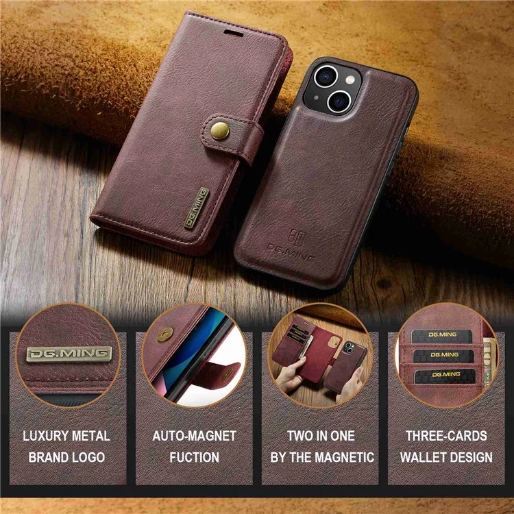 DG.MING for iPhone 15 Plus Detachable Magnetic Phone Case Anti-Dorp Split Leather Wallet Stand Case - Red