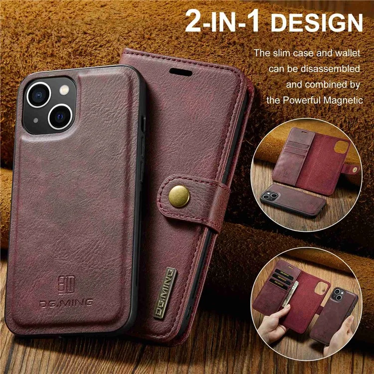DG.MING for iPhone 15 Plus Detachable Magnetic Phone Case Anti-Dorp Split Leather Wallet Stand Case - Red