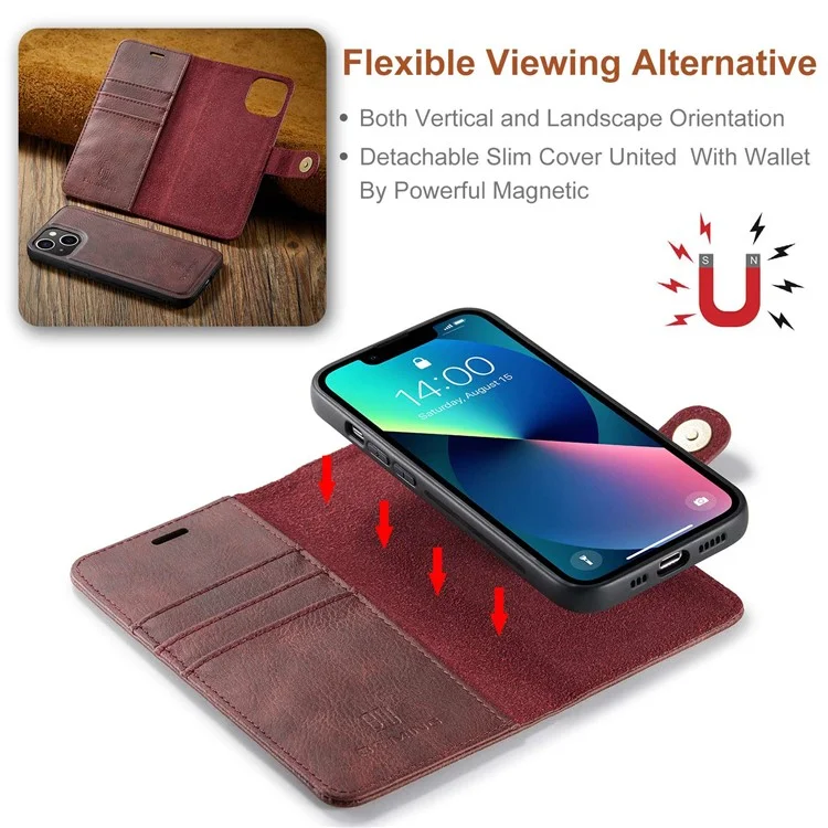 DG.MING for iPhone 15 Plus Detachable Magnetic Phone Case Anti-Dorp Split Leather Wallet Stand Case - Red