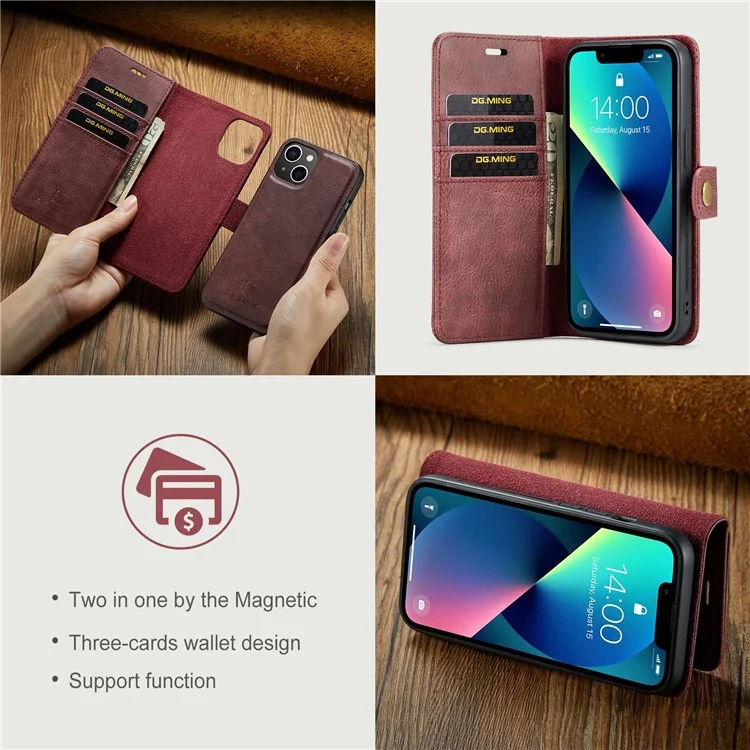 DG.MING for iPhone 15 Plus Detachable Magnetic Phone Case Anti-Dorp Split Leather Wallet Stand Case - Red