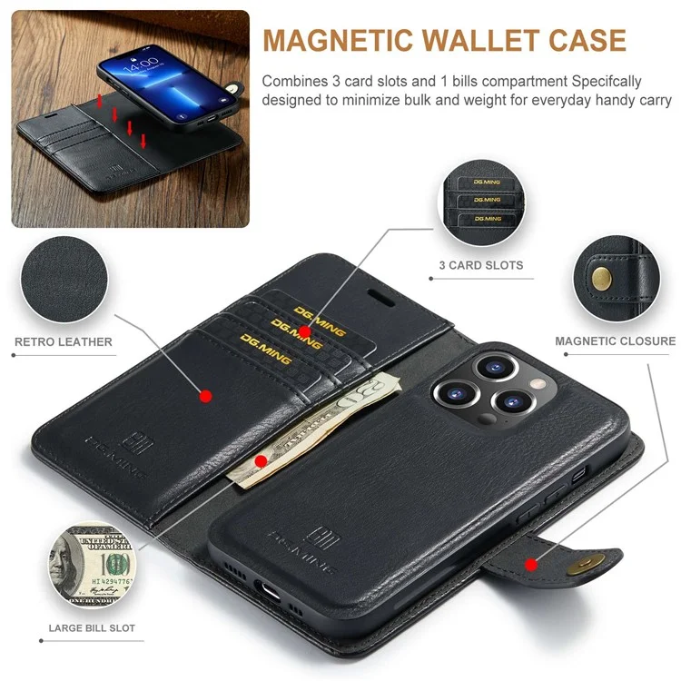 DG.MING Funda para iPhone 15 Pro, Funda de cuero separable magnética con soporte de billetera - Negro