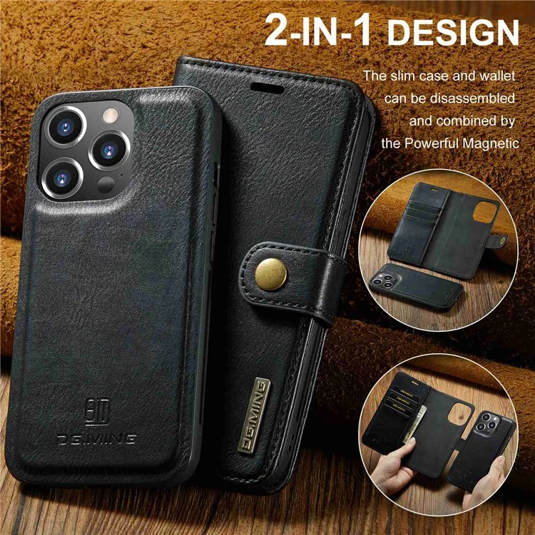 DG.MING Funda para iPhone 15 Pro, Funda de cuero separable magnética con soporte de billetera - Negro