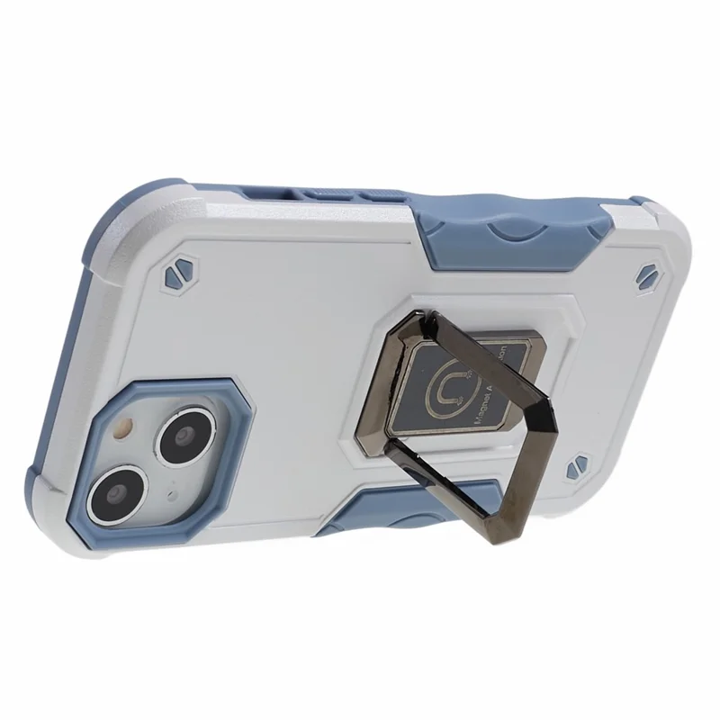 For iPhone 15 Hard PC Soft TPU Shockproof Phone Case Kickstand Cover Support Magnetic Car Mount - White