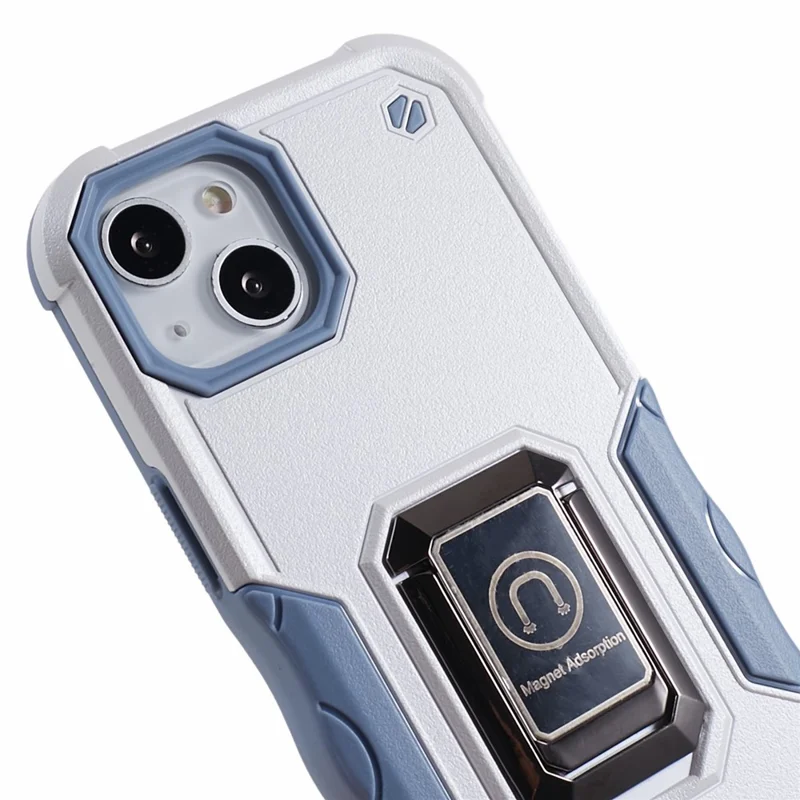 For iPhone 15 Hard PC Soft TPU Shockproof Phone Case Kickstand Cover Support Magnetic Car Mount - White